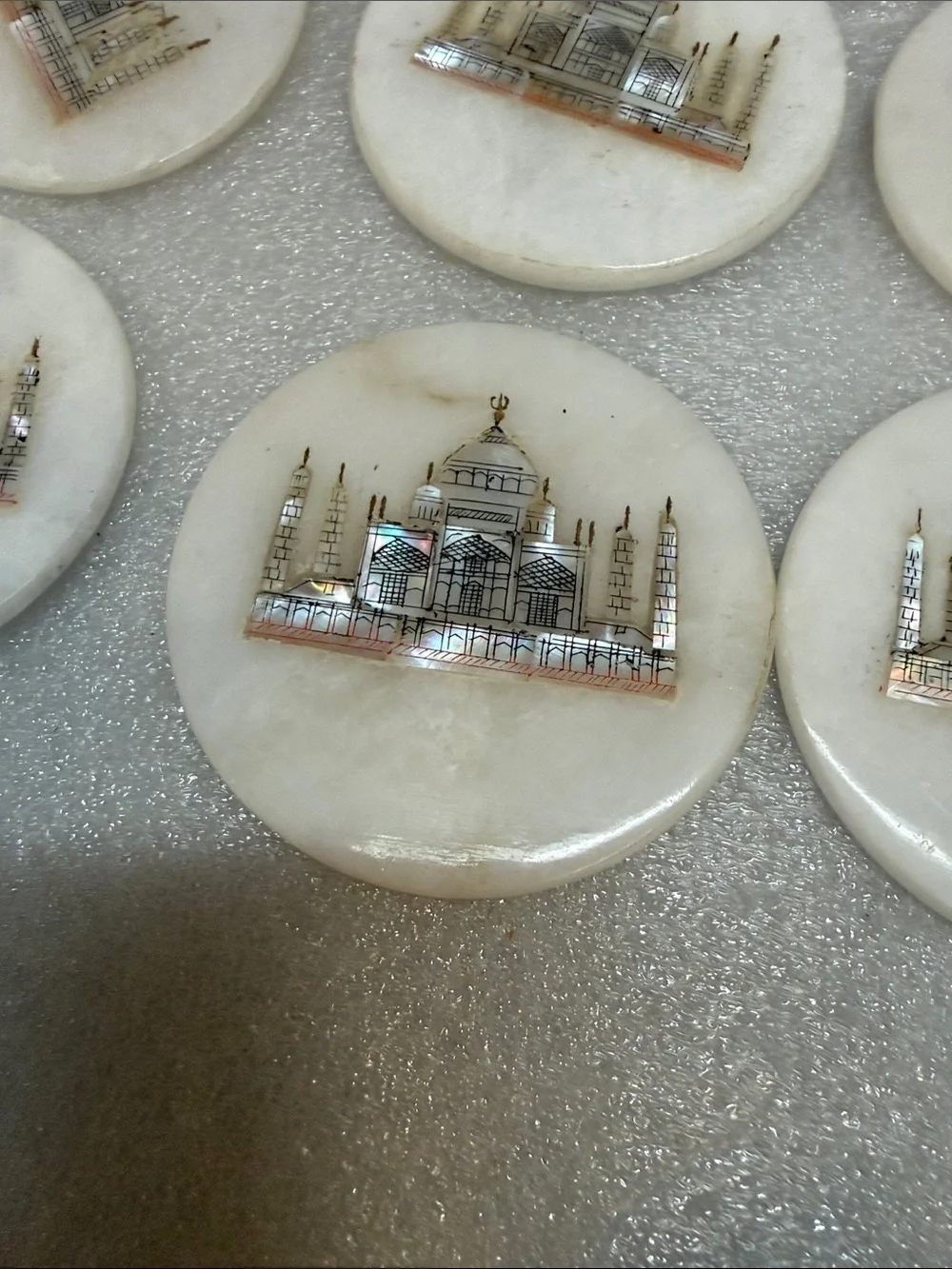 Vintage Marble Taj Mahal Coaster Set 6 White Stone Inlay Drink Coasters